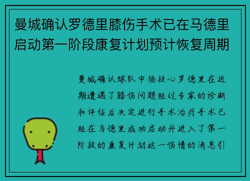 曼城确认罗德里膝伤手术已在马德里启动第一阶段康复计划预计恢复周期受关注 曼城确认罗德里膝伤手术已在马德里启动第一阶段康复计划预计恢复周期受关注